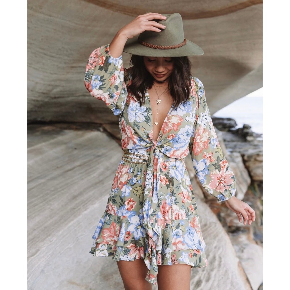 KIVARI Darcia Tie Front Mini Dress Womens 8 Khaki Floral Long Sleeve NEW